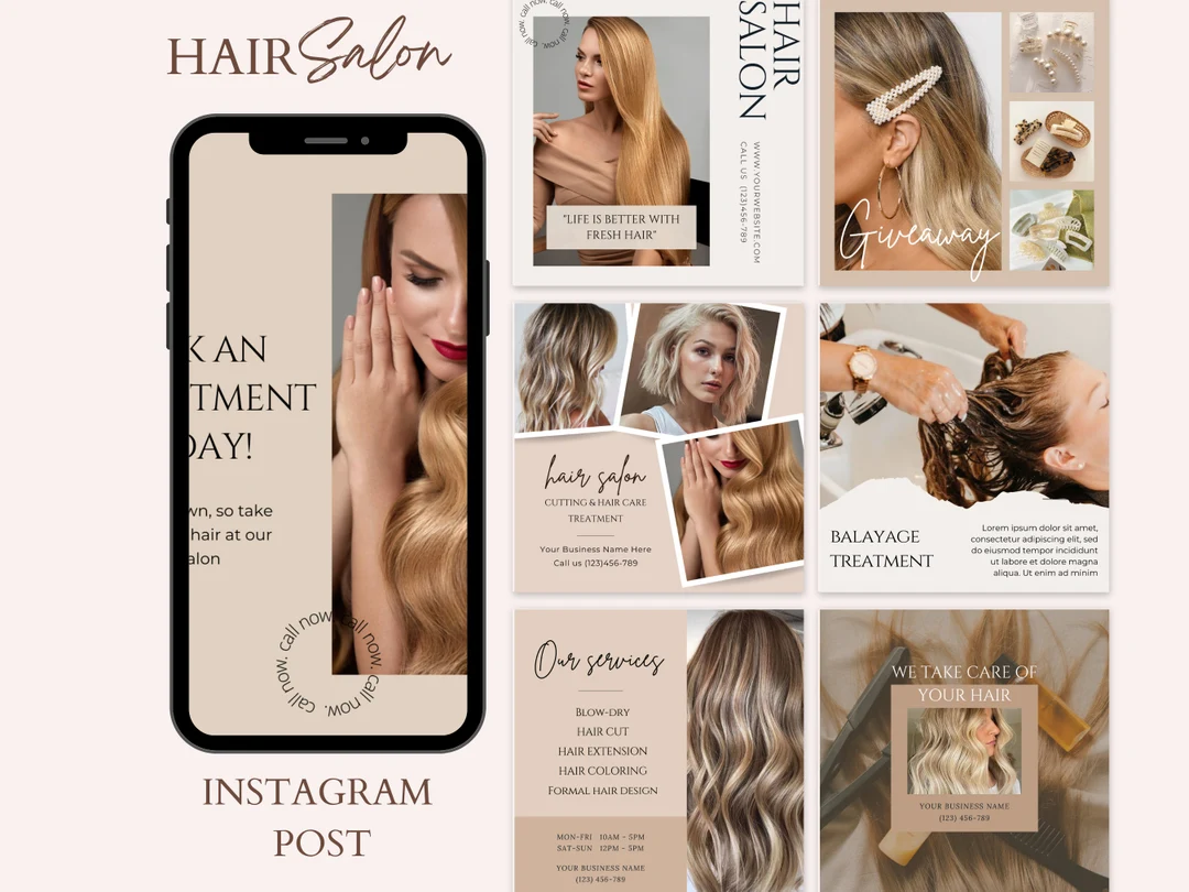 Celular com o perfil do salão no Instagram ao lado de vários modelos de post prontos